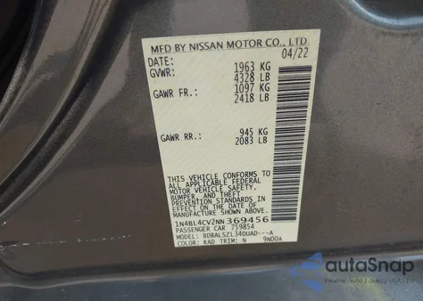 2022 Nissan Altima Sr Fwd из США, поврежденный, VIN 1N4BL4CV2NN369456